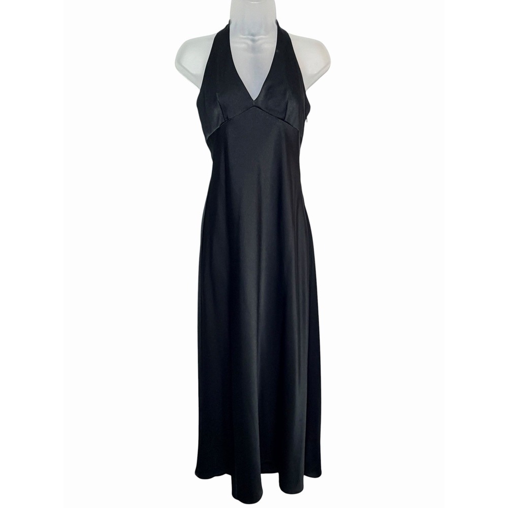 BCBG Maxazria Black Satin Halter Maxi Babydoll Formal Minimalist Slip Y2K Sz 4